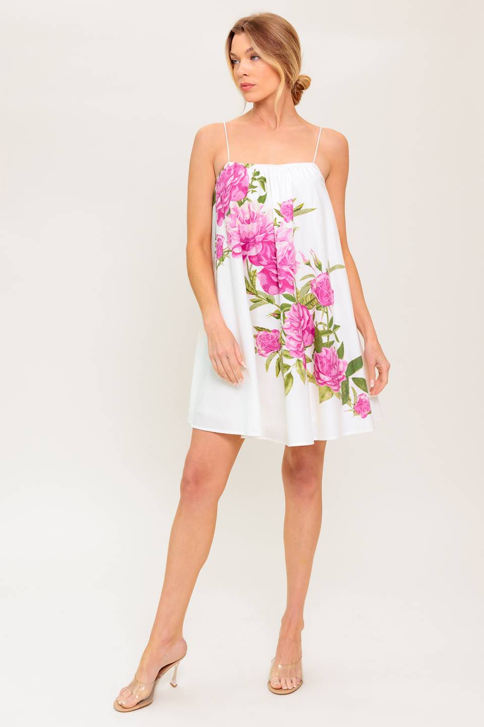 GARDEN WHISPERS PINK FLORAL WOVEN MINI DRESS Flying Tomato